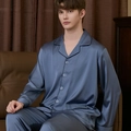 Men's grey-blue silk satin pajama set with long sleeves and black piping detail - L / Navy Blue Men