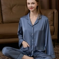 Blue-grey satin silk pajama set for couples with classic lapel and black piping detail - M / Top And Bottom / Navy Blue Women
