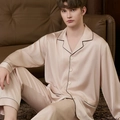 Men's champagne silk pajamas set with contrast piping and button-down long sleeves - L / Beige (Men)