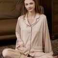 Classic champagne pink silk-satin pajama set for women with black contrast piping detail - M / Top And Bottom / Beige (Women)