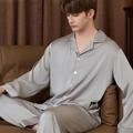 Men's silver-grey silk pajama set featuring long sleeves and bronze piping trim - L / Zinc Gray Men