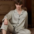 Men's silver-grey satin pajama set featuring a classic lapel and black contrast piping - L / Light Silver Green Men