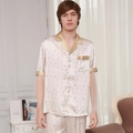 Men's champagne gold silk pajama set with intricate leaf prints and button-down design - L / Bird and Flower Beige