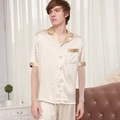 Champagne gold men's silk pajama set featuring geometric diamond patterns and short sleeves - L / Fret Gold