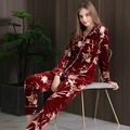 Pigiama da donna in velluto bordeaux con stampa floreale e pantaloni lunghi - 3XL / Peonia Rosso Vino (Donne)