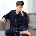 Men's navy velvet pajama set with long sleeves, white piping and button-down collar - L / Navy Blue