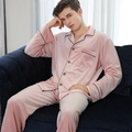 Men's premium pink velvet pajama set with long sleeves and black piping detail - L / Pink