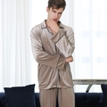 Champagne gold velvet pajama set for men featuring black contrast piping and long sleeves - L / Gray