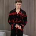 Men's gold velvet pajamas set in black with red graffiti print and lapel collar - L / Black Letter Style