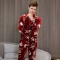 Men's dark red velvet floral pajama set with long sleeves and white contrast piping - L / Wine Red Peony Style