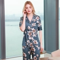 Women's floral satin pajama set with short sleeve top and long pants in grey blue - M / Top And Bottom / Blue Flower
