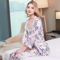 Women's 3-piece silk satin floral pajama set with robe, camisole, and long pants - Pink With Blue Flowers