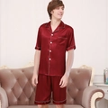 Men's silk satin pajama set in burgundy with short sleeves and white piping - L / Tops / Burgundy