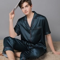 Seiden-Pyjama-Set für Herren mit Kurzarm-Oberteil und langer Hose in Dunkelgrün - M / Tintenblau-Herren