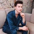 Men's navy blue silk satin pajamas set with elegant gold Harmony embroidery on chest - L / Lake Blue Male