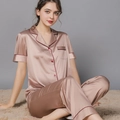 Ensemble de pyjama en satin de soie champagne avec manches courtes et liserés - M / Haut Et Bas / Café / Mme