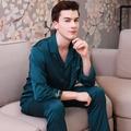 Men's dark green satin pajama set with long sleeves and elegant gold embroidery - L / Dark Green Male