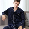 Men's navy blue velvet pajama set with long sleeves and white piping details - Navy Blue - Men
