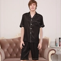 Men's silk satin pajama set in black with short sleeves and white piping trim - L / Tops / Black