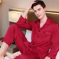 Men's dark red faux silk pajama set with long sleeves and elegant Harmony embroidery - L / Wine Red Men