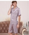 Men's silk satin pajamas set in light purple with short sleeves and white piping trim - L / Tops / Silver