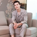 Men's silk satin pajama set in champagne gold featuring elegant Harmony embroidery detail - L / Grey Men