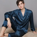 Men's deep blue silk satin pajamas set with long sleeves and elegant chest embroidery - L / Lake Blue Embroidery