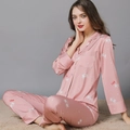 Conjunto de pijama de seda rosa para mujer con estampado de caballos y manga larga - M / Caballero Rojo Sandía