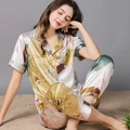Damen Schlafanzug-Set aus Seidensatin mit Blumendruck, Kurzarmhemd und langer Hose - M / Gelbe Blume