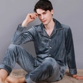 Men's grey waffle knit coral fleece pajama set with long sleeves and button-up lapels - L / Gray-Men