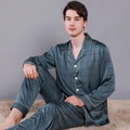 Herren Seidenpyjama-Set in Dunkelgrün mit langen Ärmeln und Karomuster für den Herbst - L / Graugrünes Karomuster