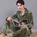 Men's two-piece waffle knit coral fleece pajama set with lapel collar in sage green color - L / Grass Green - Men