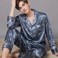 Set pigiama in seta da uomo con stampa floreale grigia per abbigliamento da casa - L / Foglie d'argento