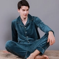 Men's blue waffle texture pajama set with button-down long sleeve top and pants - Lake Blue - Men