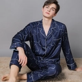 Pigiama da uomo in raso di seta blu scuro con maniche lunghe e stampa alla moda - L / Linee Blu Marino