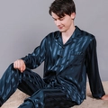 Men's navy striped silk pajama set featuring long sleeves and lounge pants for home wear - L / Top And Bottom / Dark Green Bold Stripes