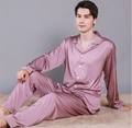 Close-up of mauve silk pajamas with long sleeves and elegant gold piping detail - Dusty Pink