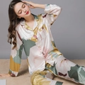 Conjunto de pijama de seda satinada para mujer con estampado floral abstracto - M / Gran flor amarilla