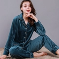 Plush velvet women's pajama set with waffle texture and contrast piping for winter home wear - Lake Blue - Women