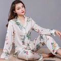 Satin floral pajama set with bird print, featuring a long-sleeve notched lapel shirt and pants - M / Milky White