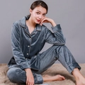Women's blue waffle velvet pajama set with button-down long sleeves and trousers - M / Gray-Women