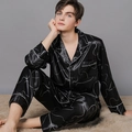 Men's black satin pajama set with white abstract lines and long sleeve design - L / Top And Bottom / Black Stripes