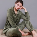 Women's olive green waffle velvet pajamas set with long sleeves and button-up lapel top - M / Grass Green - Women