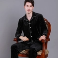 Men's black velvet pajama set with diamond pattern embossing and white contrast piping - L / Black / Men