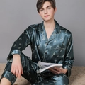 Men's dark green silk pajama set with white bird prints and classic notched lapel - L / Top And Bottom / Green Flying Bird