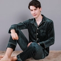 Men's emerald green velvet pajamas set with classic gold piping and checkered texture - L / Dark Green / Men