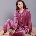Women's mauve waffle knit pajama set with long sleeves and button-down collar - Rose Red - Women