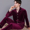 Men's burgundy velvet pajama set with diamond pattern and contrasting piping - L / Fuschia / Men