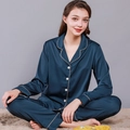 Women's dark blue satin pajama set featuring a long-sleeve shirt and matching trousers - M (Women) / Female Style / Dark Blue