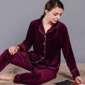 Women's burgundy velvet pajama set with diamond quilted pattern and white piping trim - M / Fuschia / Women